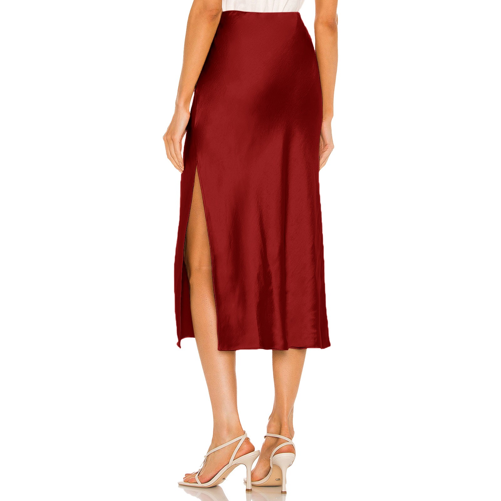 thumbnail image 4 of Falda de satén de cintura alta para mujer - Minifalda evasé con cintura elástica y cremallera - Elegante para fiestas/oficina - Tejido de satén S-XL, 4 of 5